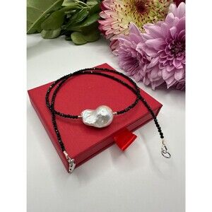 Black Spinel Choker Necklace, White Baroque Pearl, 925 Sterling Silver